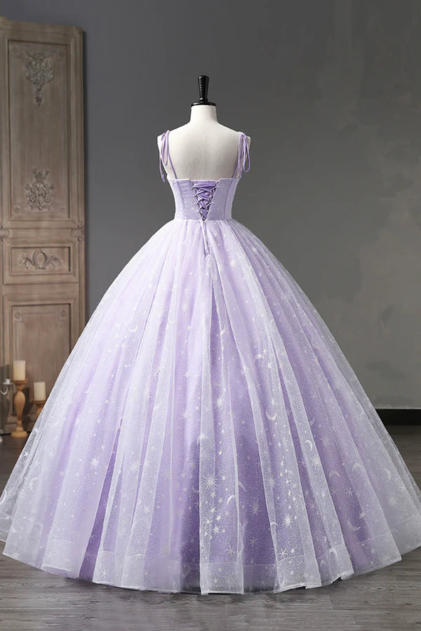 Lavender Tulle Straps Floor Length Evening Dress Lavender A-Line Prom Dress