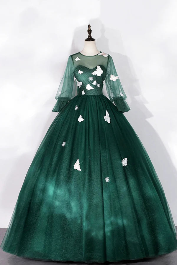 Dark Green Tulle Long Prom Dress A-Line Long Sleeve Evening Party Dress with Butterfly Appliques