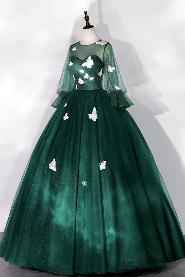 Dark Green Tulle Long Prom Dress A-Line Long Sleeve Evening Party Dress with Butterfly Appliques