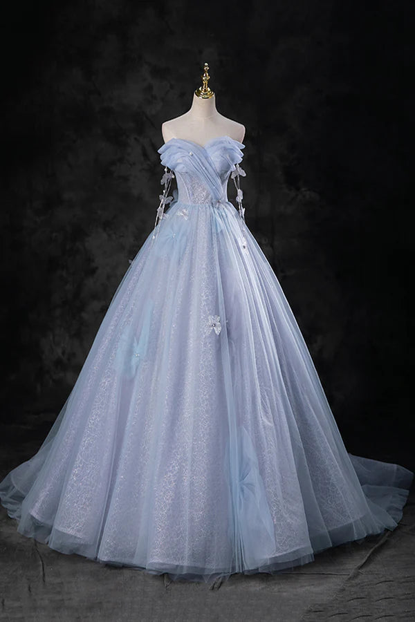 Blue Tulle Long A-Line Prom Dress Party Dress Beautiful Off the Shoulder Blue Evening Dress