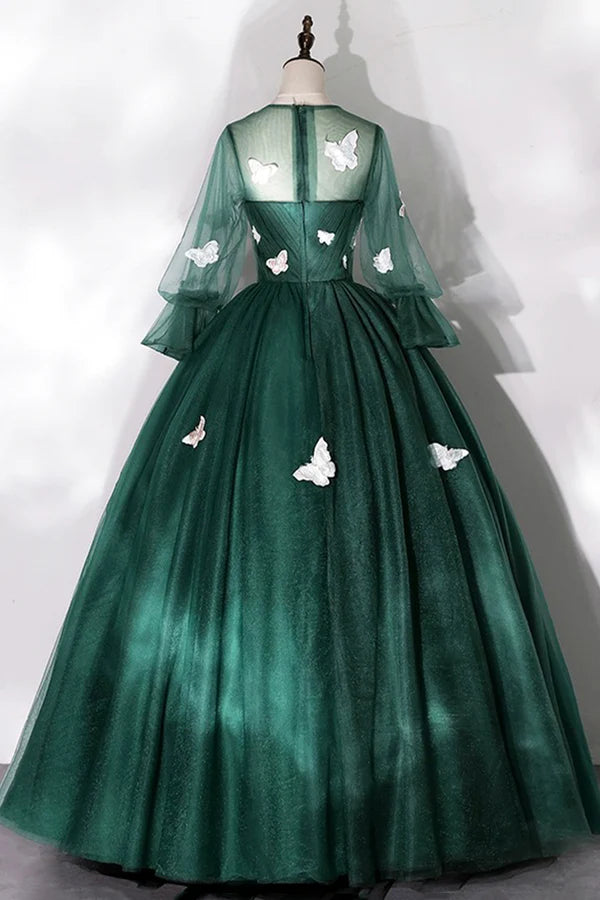 Dark Green Tulle Long Prom Dress A-Line Long Sleeve Evening Party Dress with Butterfly Appliques