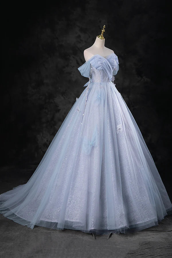 Blue Tulle Long A-Line Prom Dress Party Dress Beautiful Off the Shoulder Blue Evening Dress