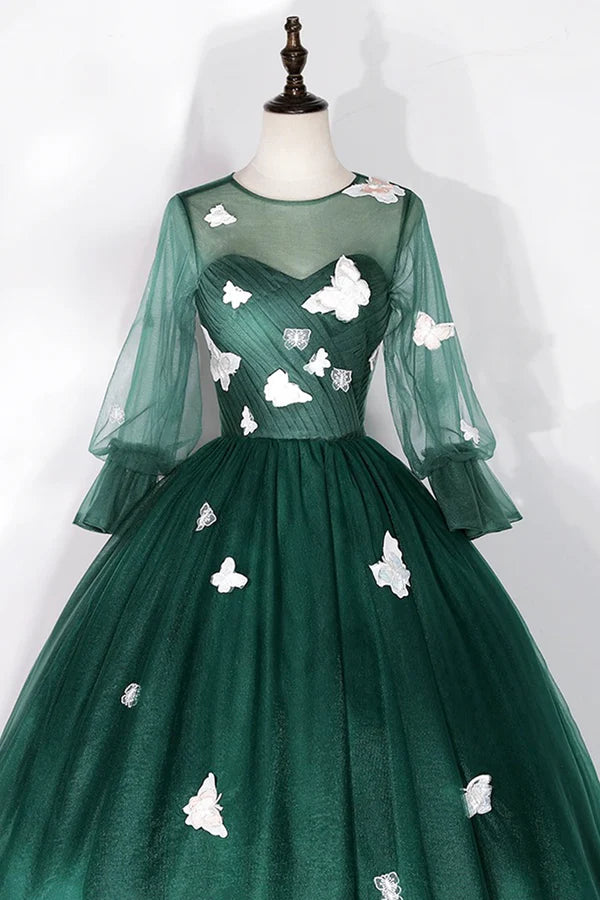 Dark Green Tulle Long Prom Dress A-Line Long Sleeve Evening Party Dress with Butterfly Appliques