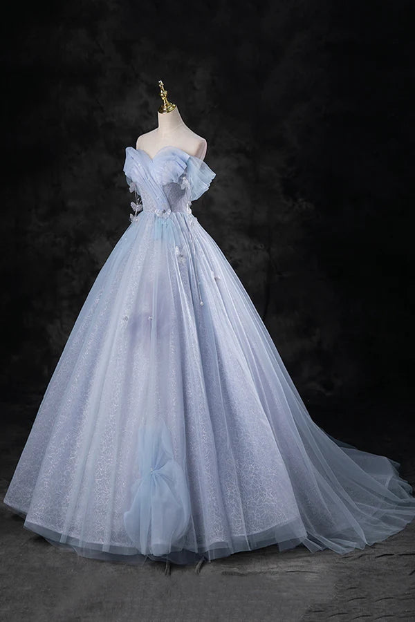 Blue Tulle Long A-Line Prom Dress Party Dress Beautiful Off the Shoulder Blue Evening Dress