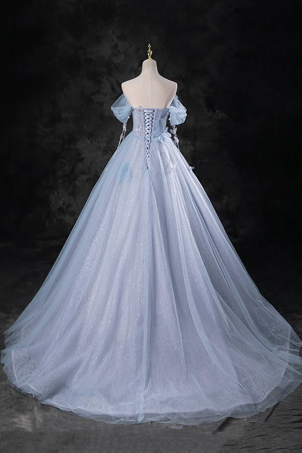 Blue Tulle Long A-Line Prom Dress Party Dress Beautiful Off the Shoulder Blue Evening Dress