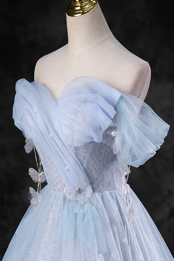 Blue Tulle Long A-Line Prom Dress Party Dress Beautiful Off the Shoulder Blue Evening Dress