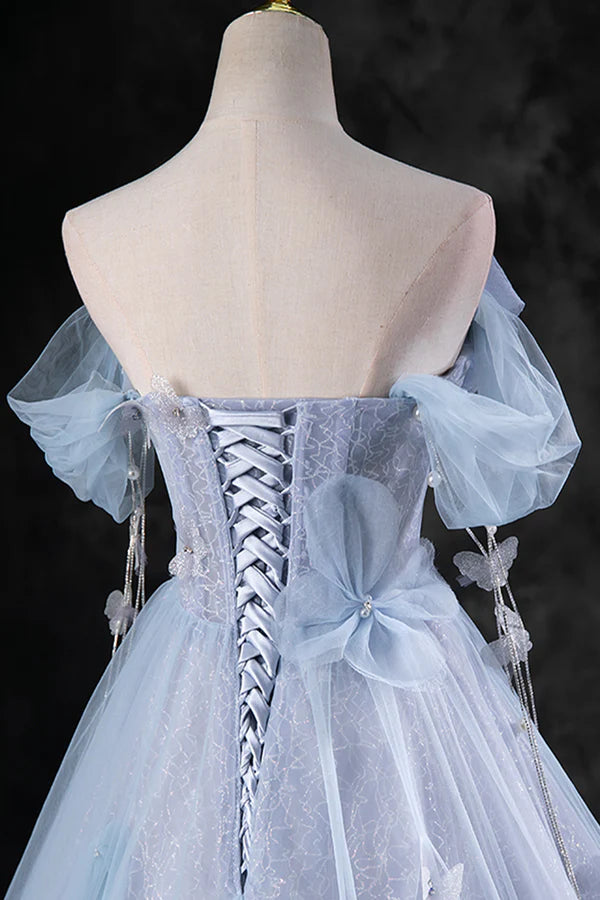 Blue Tulle Long A-Line Prom Dress Party Dress Beautiful Off the Shoulder Blue Evening Dress