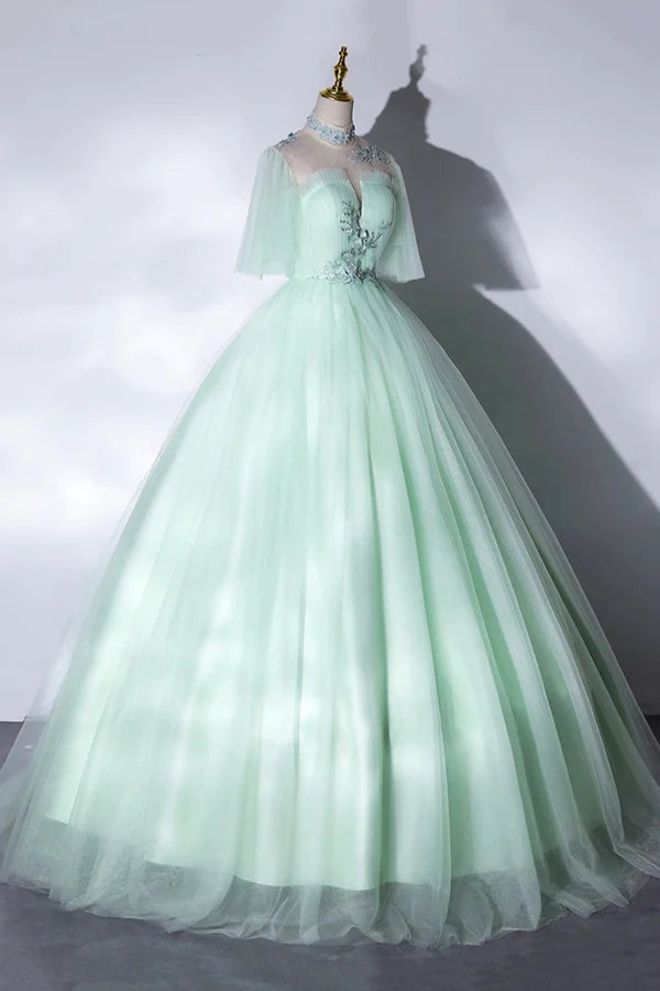 Elegant Green A-Line Princess Prom Dress A-Line Lace Evening Party Dress
