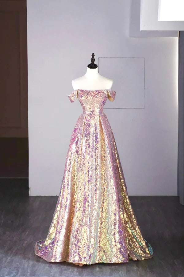 Shiny Sequins Floor Length Prom Dress Off the Shoulder Evening Party Dress