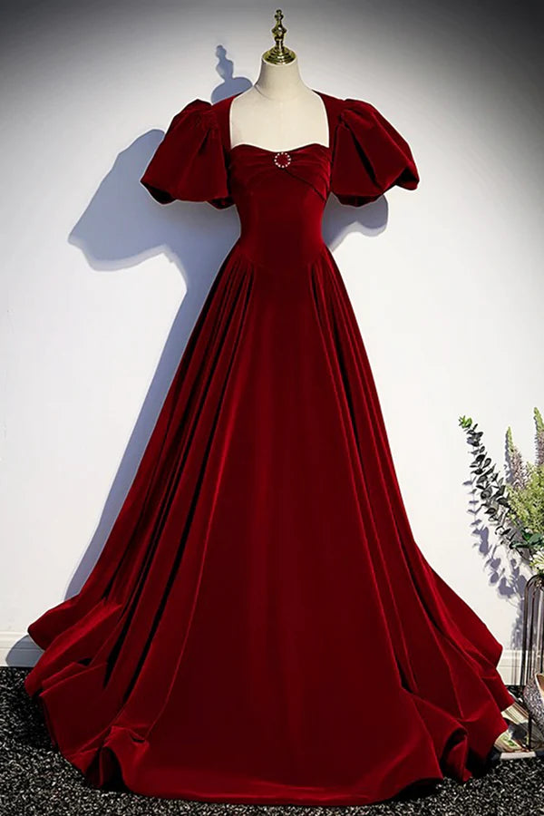Elegant Velvet Floor Length Prom Dress Burgundy Open Back Short Sleeve Evening Dress
