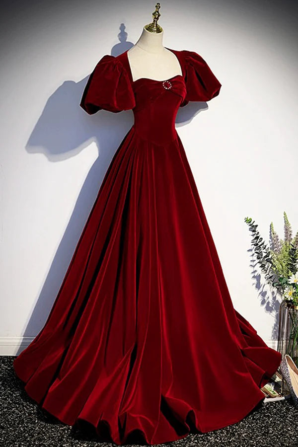 Elegant Velvet Floor Length Prom Dress Burgundy Open Back Short Sleeve Evening Dress