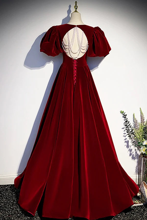 Elegant Velvet Floor Length Prom Dress Burgundy Open Back Short Sleeve Evening Dress