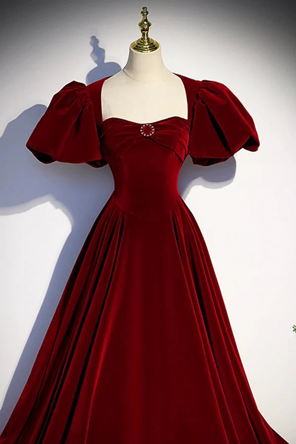 Elegant Velvet Floor Length Prom Dress Burgundy Open Back Short Sleeve Evening Dress