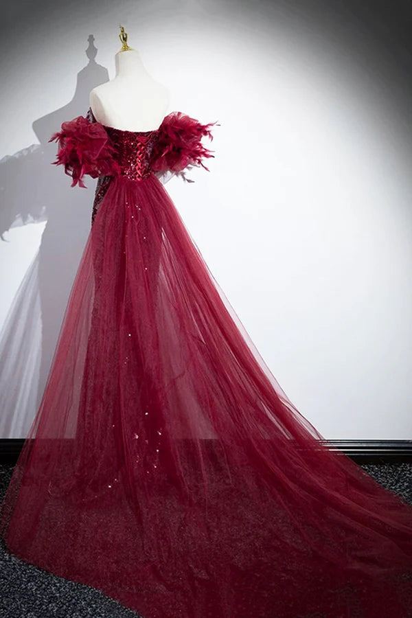 Burgundy Tulle Sequins Long Prom Dress Burgundy Evening Party Dress