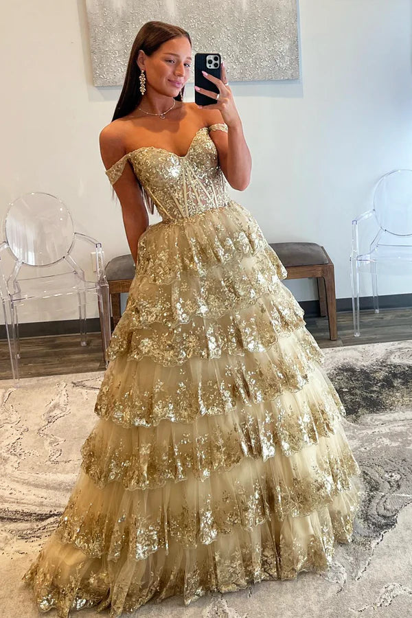 Champagne Tulle Sequins Long Prom Dress Off the Shoulder Evening Party Gown