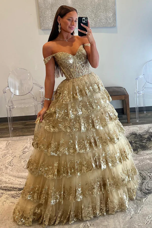 Champagne Tulle Sequins Long Prom Dress Off the Shoulder Evening Party Gown