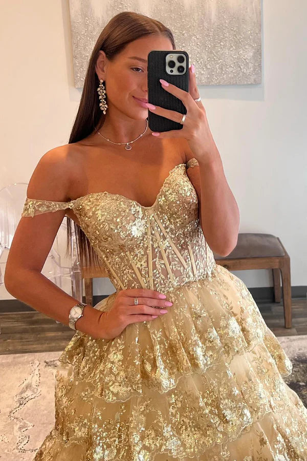 Champagne Tulle Sequins Long Prom Dress Off the Shoulder Evening Party Gown