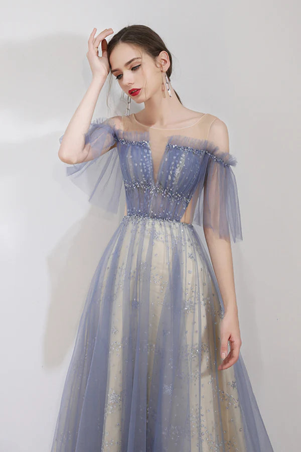 Blue Tulle Sequins Floor Length Prom Dress A-Line Blue Graduation Dress