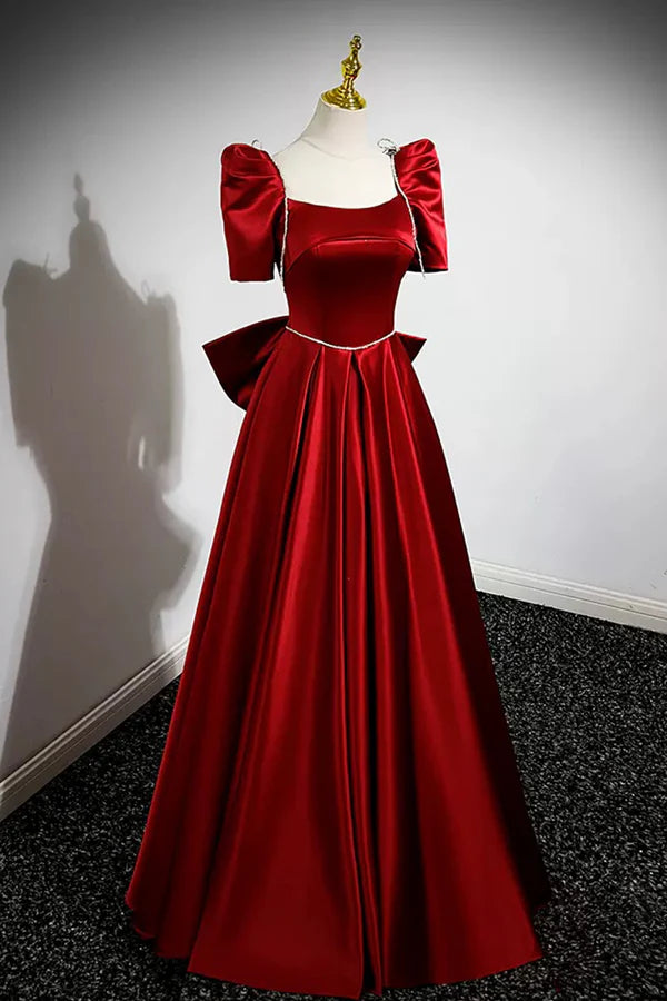 Burgundy Satin Long Prom Dress A-Line Evening Dress with Bow