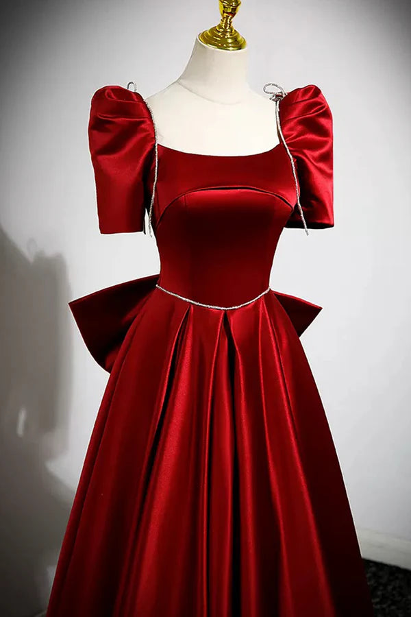 Burgundy Satin Long Prom Dress A-Line Evening Dress with Bow