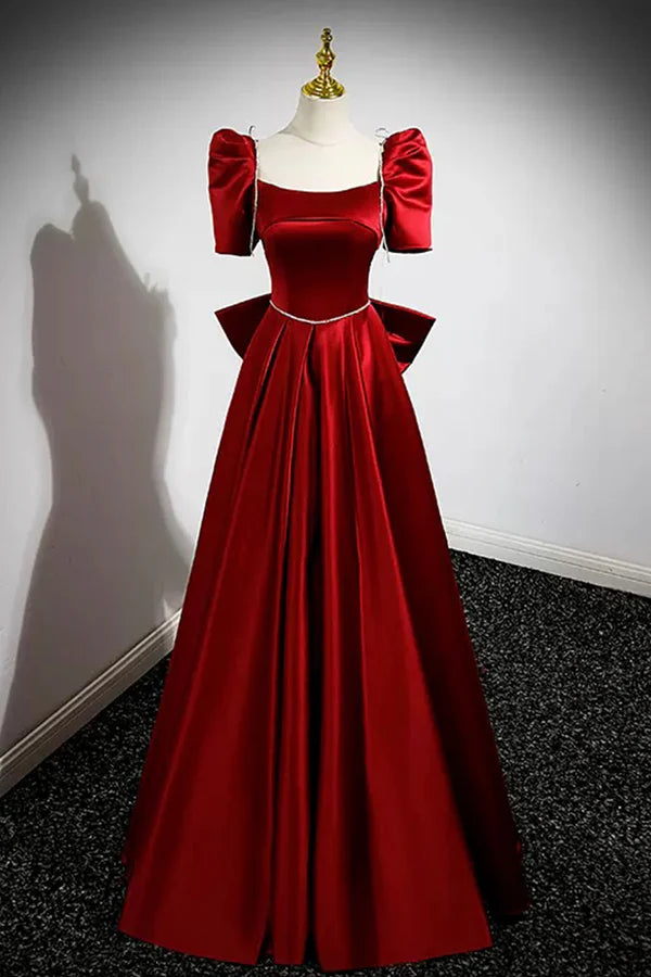Burgundy Satin Long Prom Dress A-Line Evening Dress with Bow