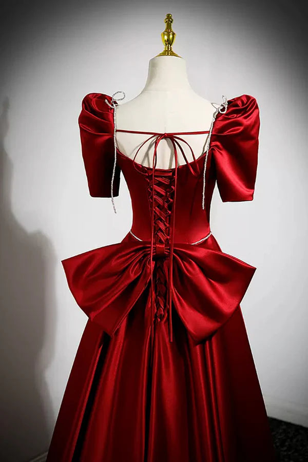 Burgundy Satin Long Prom Dress A-Line Evening Dress with Bow