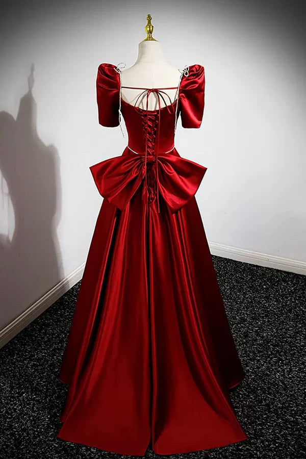 Burgundy Satin Long Prom Dress A-Line Evening Dress with Bow