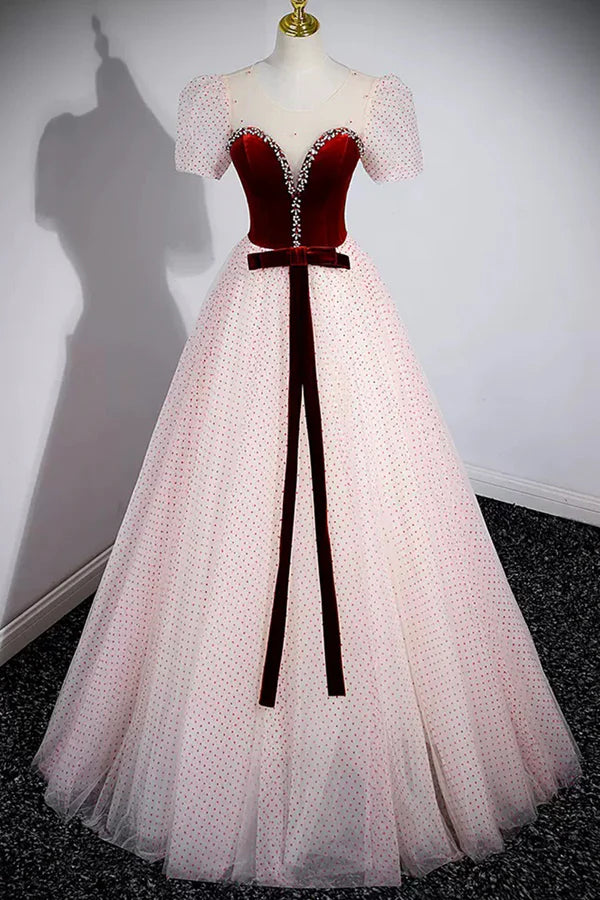 Cute Tulle Long Prom Dress with Velvet A-Line Short Sleeve Evening Dress