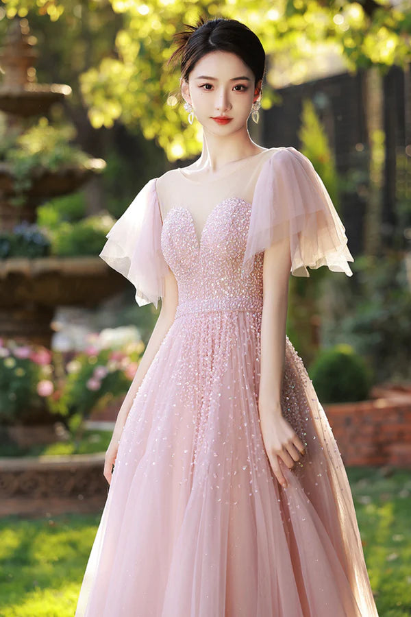 Beautiful Tulle Beaded Long Prom Dress Pink Evening Dress Party Dress