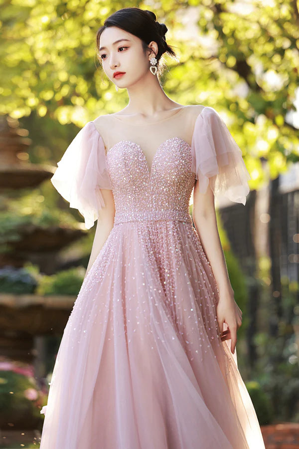 Beautiful Tulle Beaded Long Prom Dress Pink Evening Dress Party Dress