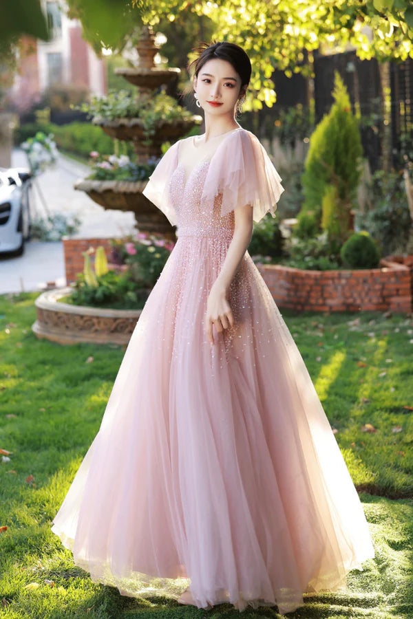 Beautiful Tulle Beaded Long Prom Dress Pink Evening Dress Party Dress