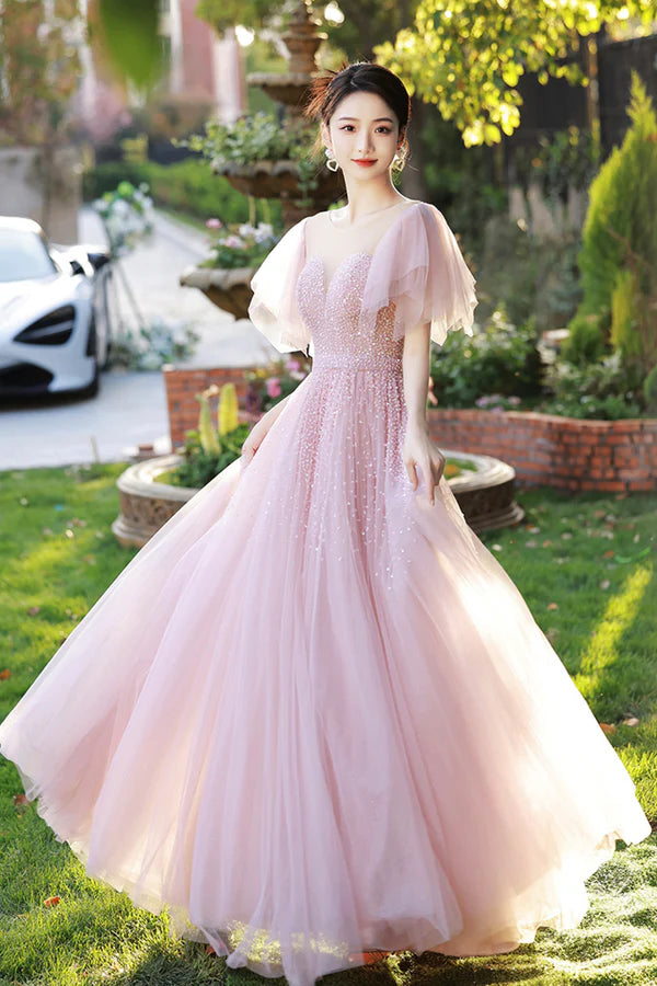 Beautiful Tulle Beaded Long Prom Dress Pink Evening Dress Party Dress