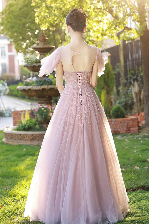 Beautiful Tulle Beaded Long Prom Dress Pink Evening Dress Party Dress