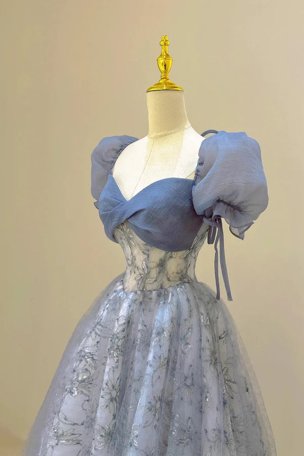 Beautiful Tulle Lace Long Prom Dress Blue Short Sleeve Evening Dress