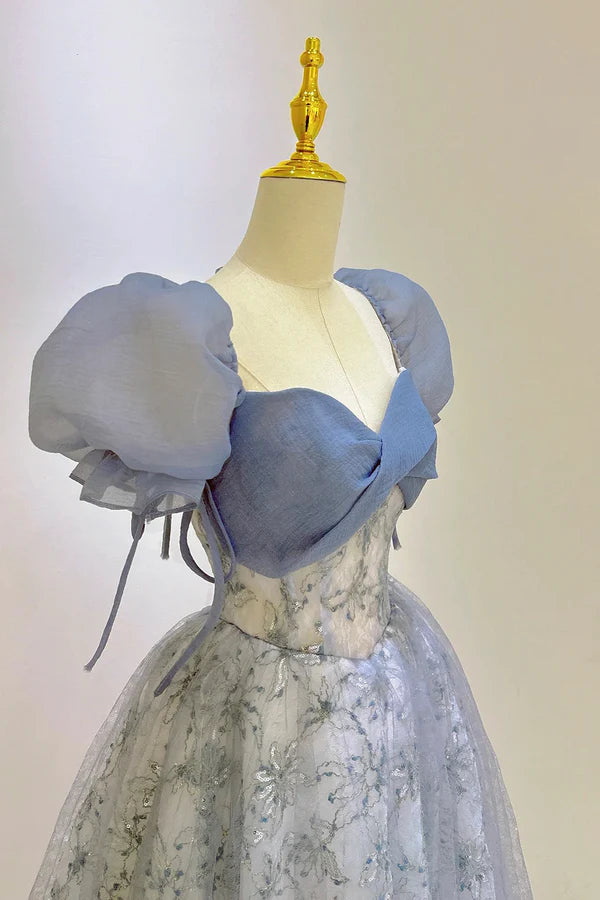 Beautiful Tulle Lace Long Prom Dress Blue Short Sleeve Evening Dress