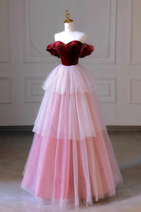 Burgundy Velvet and Pink Tulle Long Prom Dress Off the Shoulder A-Line Evening Party Dress
