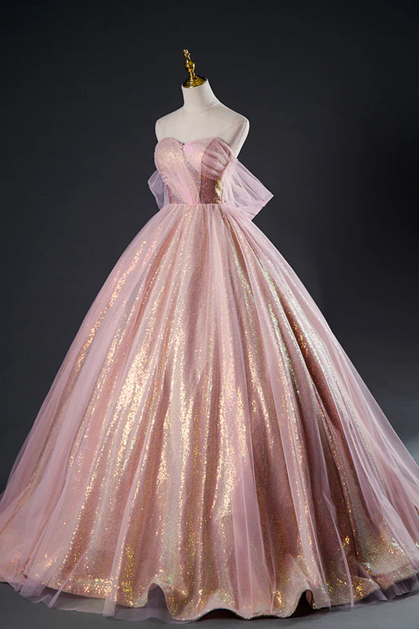 Shiny Tulle Sequins Long Prom Dress Beautiful Pink Formal Dress Sweet 16 Dress