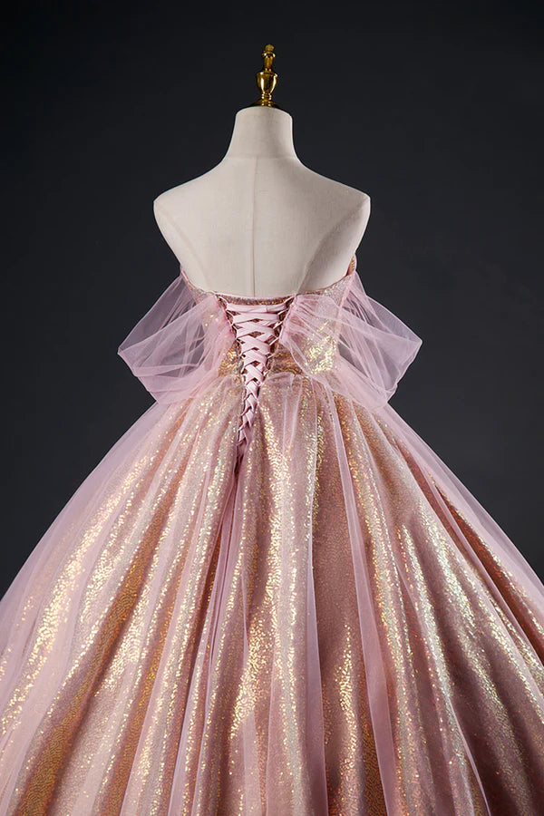 Shiny Tulle Sequins Long Prom Dress Beautiful Pink Formal Dress Sweet 16 Dress