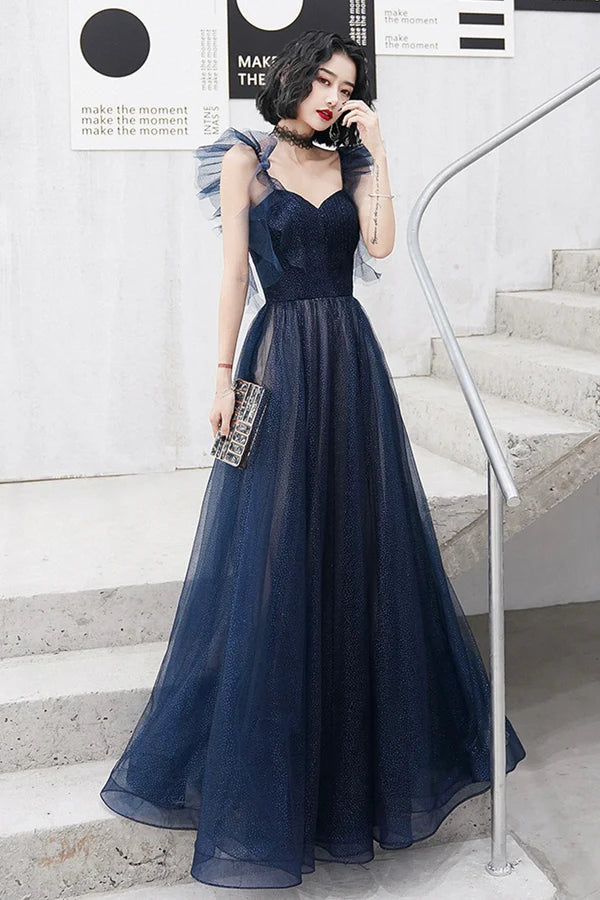 Blue Sweetheart Neckline Tulle Long Formal Dresses A-Line Blue Prom Dresses
