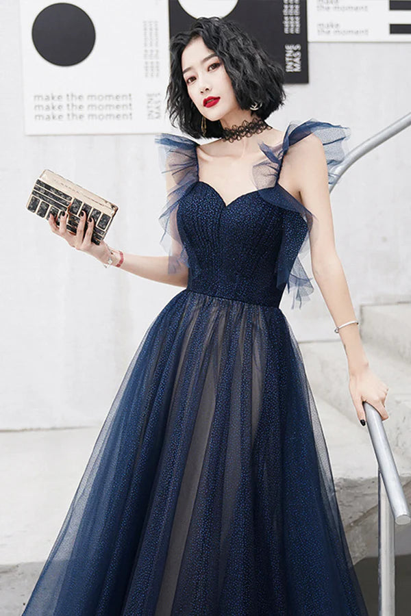 Blue Sweetheart Neckline Tulle Long Formal Dresses A-Line Blue Prom Dresses