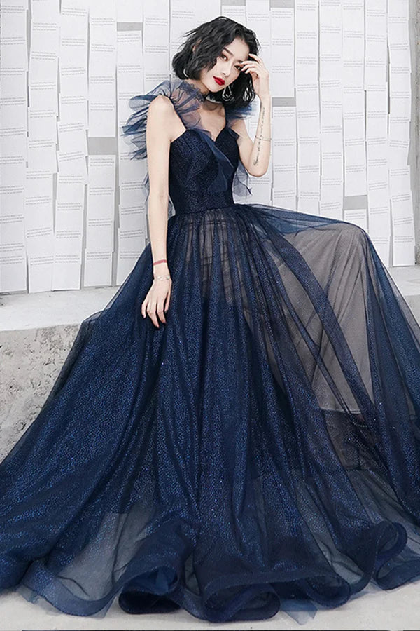 Blue Sweetheart Neckline Tulle Long Formal Dresses A-Line Blue Prom Dresses