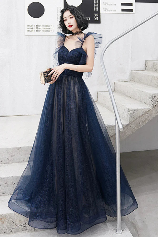 Blue Sweetheart Neckline Tulle Long Formal Dresses A-Line Blue Prom Dresses