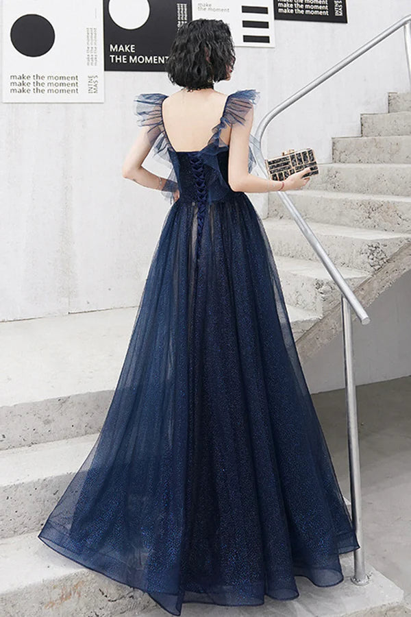Blue Sweetheart Neckline Tulle Long Formal Dresses A-Line Blue Prom Dresses