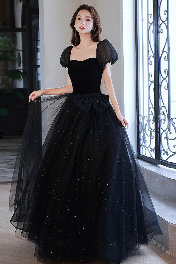 Black Shiny Tulle Long Prom Dress Black Short Sleeve Evening Dress