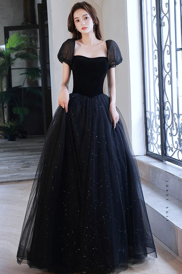 Black Shiny Tulle Long Prom Dress Black Short Sleeve Evening Dress
