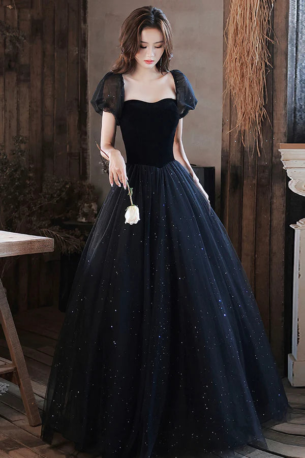 Black Shiny Tulle Long Prom Dress Black Short Sleeve Evening Dress