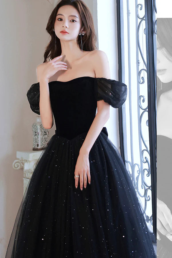 Black Shiny Tulle Long Prom Dress Black Short Sleeve Evening Dress