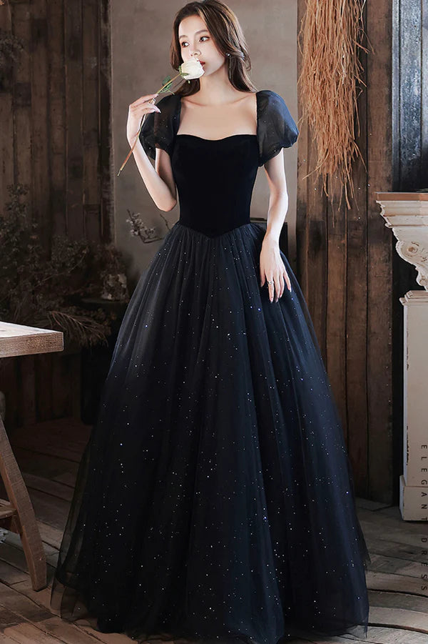 Black Shiny Tulle Long Prom Dress Black Short Sleeve Evening Dress