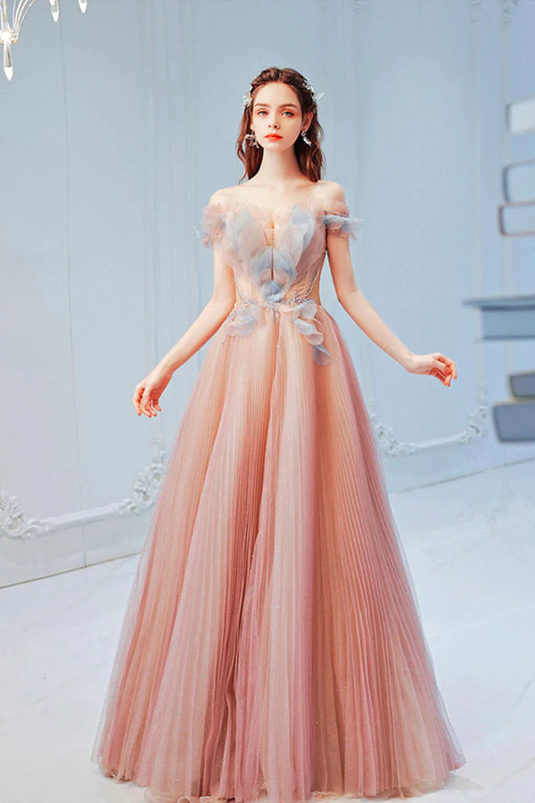 Pink Off the Shoulder Tulle Long Party Dress Cute A-Line Prom Dress