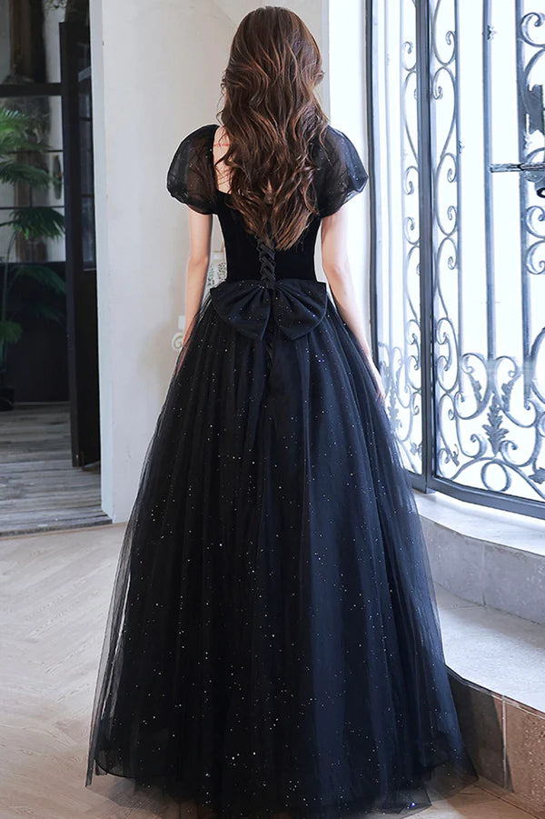 Black Shiny Tulle Long Prom Dress Black Short Sleeve Evening Dress